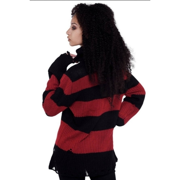 ♡ Killstar Seven Knit Sweater | Blood Red Distressed Raw Hem Extra Long Striped - Picture 3 of 8